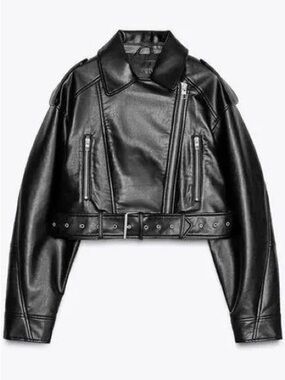 ZARA Black Faux Leather Cropped Biker Jacket with Belt